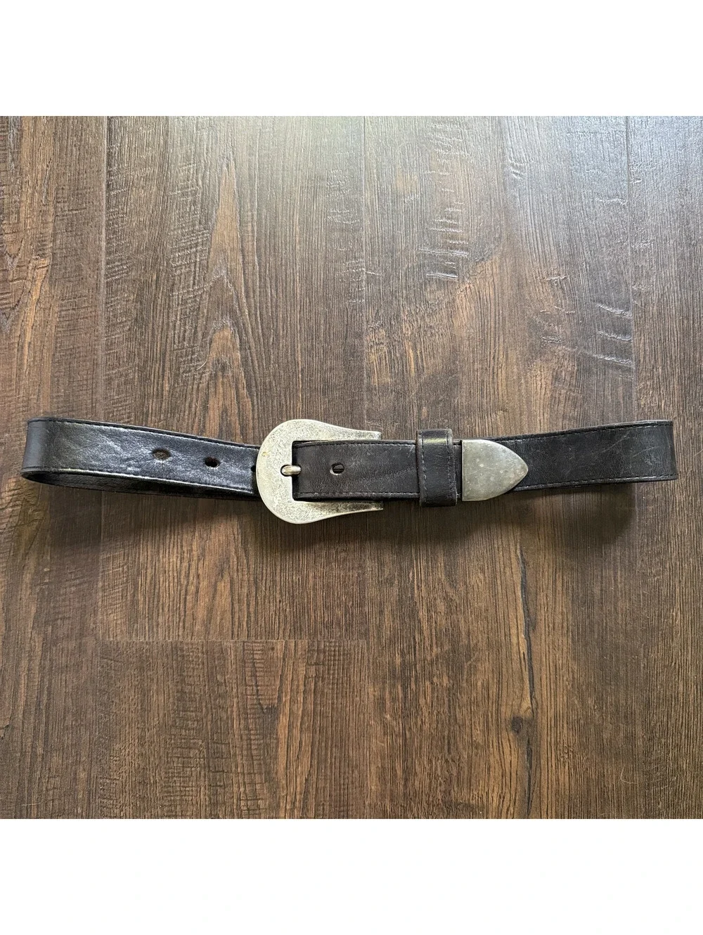 Vintage 80s Black Leather Western Belt Silver Tone Buckle Tip Size 28
